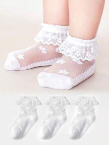 3双装婴儿夏季网眼袜，儿童透气蕾丝边袜，公主风蕾丝袜 - 白色 - 查看 8