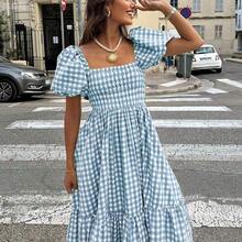 yonghongmaoyi1 Vestido casual elegante bohemio de mujer a cuadros para primavera/verano 2026 con cintura ceñida, mangas abullonadas, volantes en el bajo, verde lavado, adecuado para conciertos, calle, oficina, fiesta, cumpleaños - Rojo - Ver 3