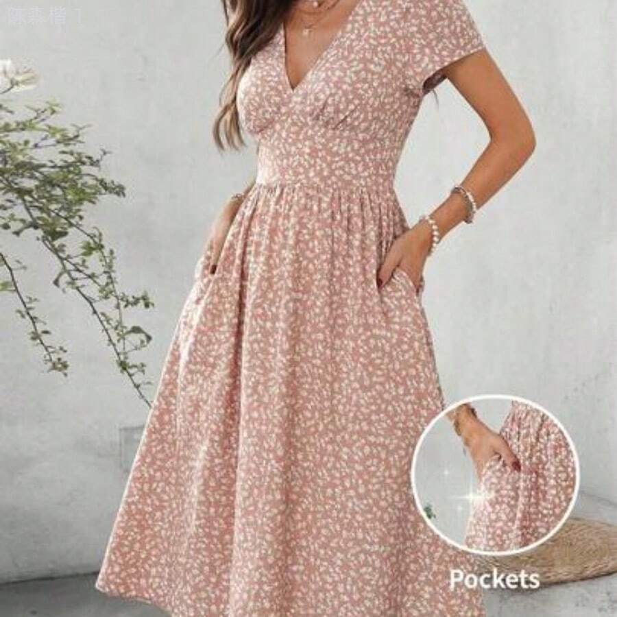 jianchaimaoyi02 Clasi Vestido midi elegante de manga corta con cuello en V, fruncido y corte evasé, con estampado floral pequeño, para uso diario y vacaciones, primavera/verano - Rosa vieja - Ver 1