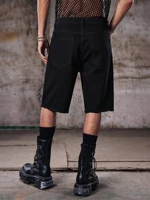 Skyrend 男士休閒純色破舊毛邊牛仔短褲 Jorts，夏季，Emo 風格，Emo Grunge - 黑色 - 查看 2