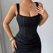 Nuevo vestido de verano sexy, vestido negro, vestido de sirena con cuello cuadrado francés, adorno de falso hueso, diseño de drapeado en la cintura, vestido de cola de pez, vestido para invitada de boda, adecuado para vacaciones, citas, fiestas, San Valentín, bodas . - Verde Oscuro - Ver 4