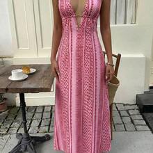 ghadjgyjad  Vestido largo con cuello en V profundo, espalda descubierta y cintura con lazo en estilo línea A, elegante para mujeres en primavera/verano, boda, fiesta, minimalista, casual, uso diario - Azul - Ver 8