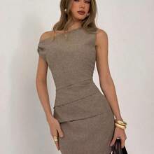 Soqi Women's Clothing  Vestido mini elegante de mujer con cuello oblicuo, cintura ceñida y plisado en unicolor para uso diario - Caqui - Ver 7
