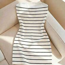 LunaCass8  Vestido tubo ajustado de cuello redondo con estampado de rayas para mujer, primavera/verano - Multicolor - Ver 3