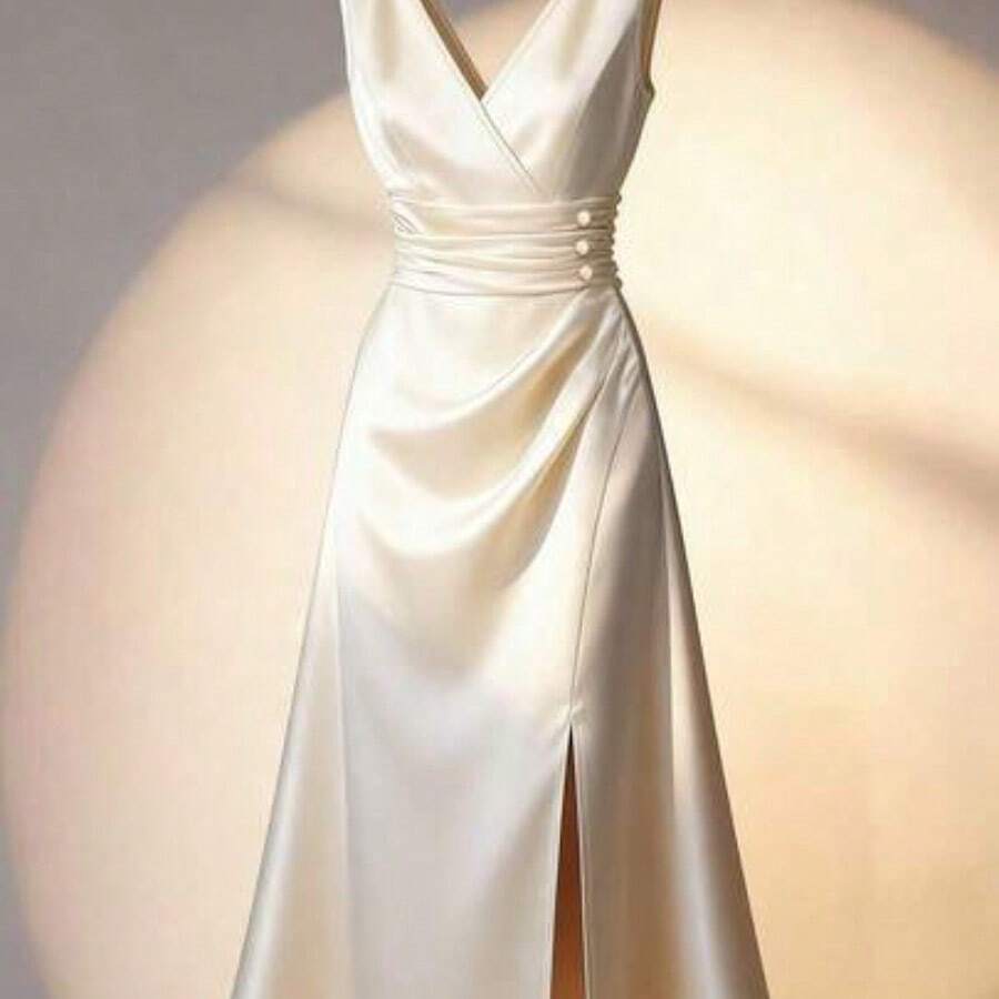 Vestido maxi elegante de satén marfil sin mangas con cuello en V, cintura fruncida y abertura lateral, de alta calidad para ocasiones formales y citas. Vestido de satén marfil, vestido de seda blanca, vestido formal de color champán, vestido formal elegante para mujer, vestido clásico elegante, vestido envolvente de satén, vestido formal midi, vestido sin mangas, vestido de satén para recepción de boda, vestidos para ocasiones especiales, vestido de satén - Albaricoque - Ver 1