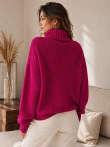 Women's Oversized Turtleneck Knit Sweater, Elegant Casual Long-Sleeve Winter Blouse, Warm And Comfortable Knit Fabric - 紅色 - 查看 2