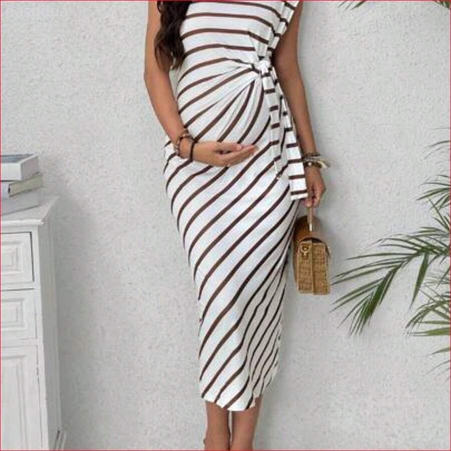 VUUG
  Vestido casual de maternidad de cuello redondo, manga corta y con lazo lateral, a rayas, para verano - Cafetería - Ver 1