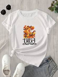 Top de mujer de cuello redondo y manga corta, de color blanco con estampado, ideal para todas las estaciones. - Blanco - Ver 1