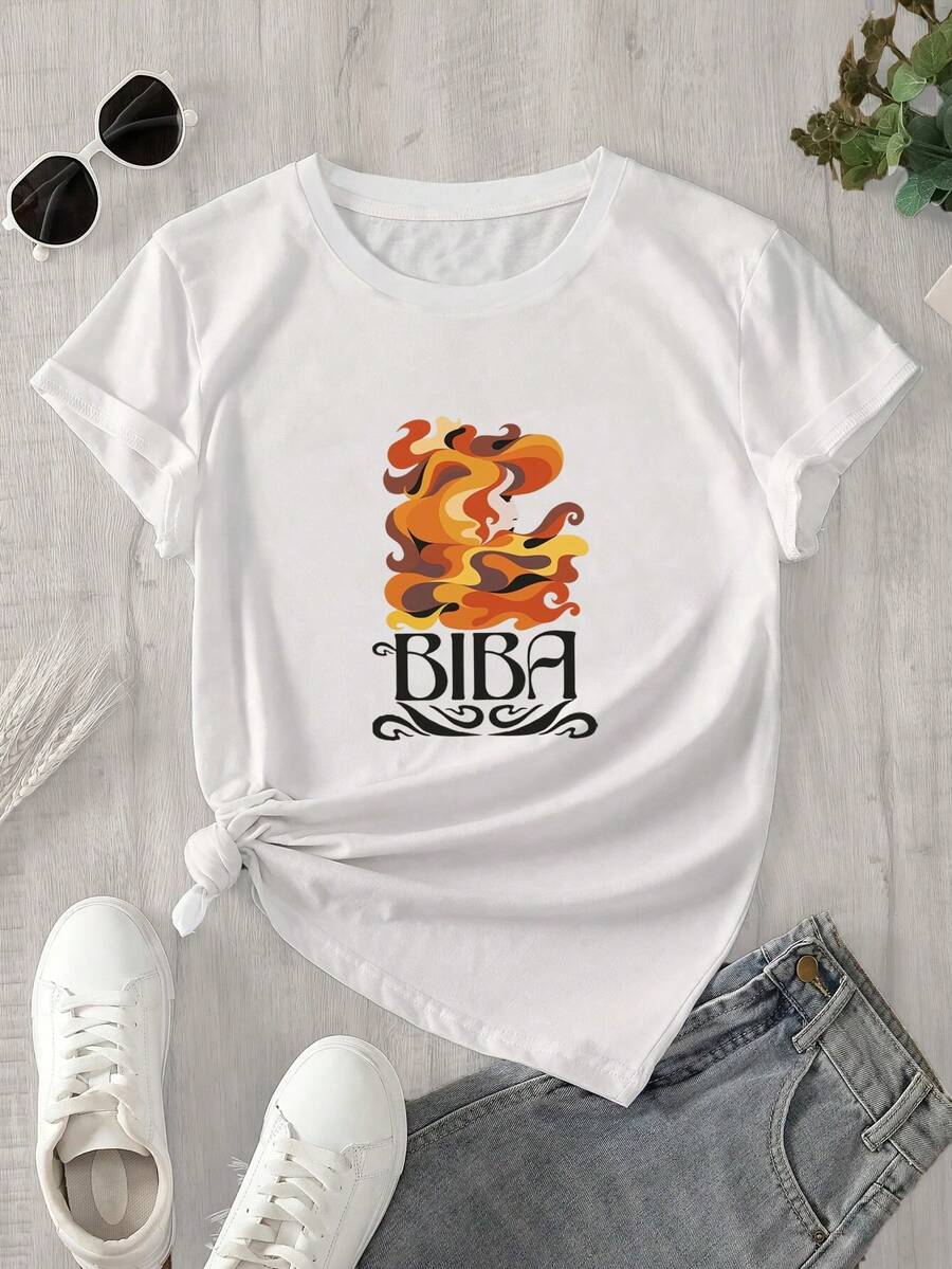 Top de mujer de cuello redondo y manga corta, de color blanco con estampado, ideal para todas las estaciones. - Blanco - Ver 1