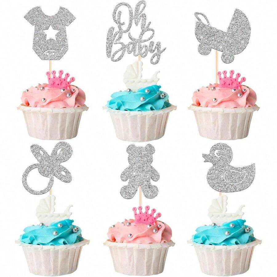 24 piezas de Oh Cupcake Toppers con purpurina para beb Carriage Bear Shower Cupcake Picks para revelar gnero Shower nios de cumpleaos decoracin de pasteles suministros de plata - Diseño 2 + plateado - Ver 1