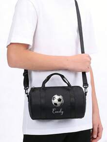 1pc Mini Customized Dance Bag, Perfect For Back To School Season. Cylindrical Design With Unique Splatter Blue And Green Soccer Print. Can Be Printed With Your Name. This Dance Bag/Sports Bag/Latin Dance Bag Is Suitable For Outdoor Travel And Gym. It Can Be Used As A Shoulder Bag Or Travel Bag, Perfect For Daily Use, And Also As A Gift For Friends And Family. - Multicolor - View 4