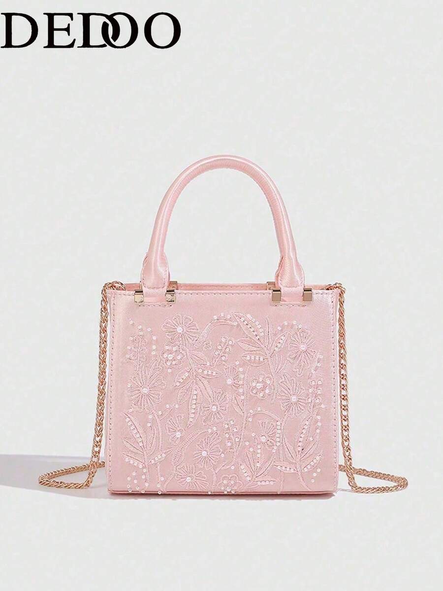 Dedoo Satin Faux Pearl Women's Mini Handbag, Women's Chain Shoulder Bag, Fashion Small Tote Bag, Women's Luxury Designer Fashion Handbag - Pink - View 1