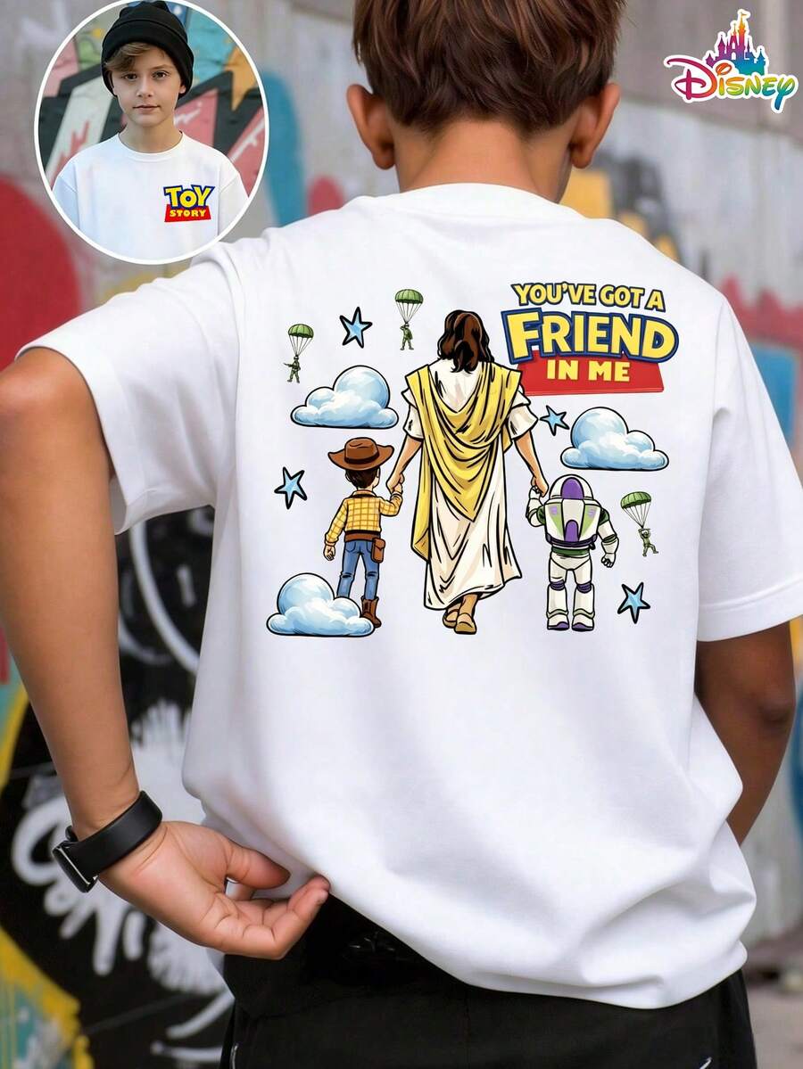 [2026 New Boys' Cool Toy Story Short-Sleeve T-Shirt]A Versatile And Stylish Top Perfect For Disney Theme Park Outings And Everyday Casual Wear. The Large Woody, Buzz Lightyear Print And Small Logo Echo Each Other On The Front And Back, Creating A Unique And Playful Look That's Sure To Bring Out Your Child's Unique Taste And Innocent Joy. A Must-Have Eye-Catching Item For Summer, This Adorable Top Will Make You Feel Like You've Stepped Into A Fairytale World And That Friendships Will Never End! - 白色 - 查看 1