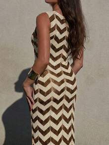 Women's Wavy Pattern Sexy V-Neck Tie-Up Hollow-Out Beach Resort Knit Brown Cover Up Dress,Elegant DressSummer Vacation - Multicolor - View 6