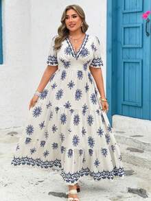 Clasi Vestido casual de manga corta con cuello en V y estampado de todo sobre, talla grande, para el verano - Azul y blanco 2 - Ver 1
