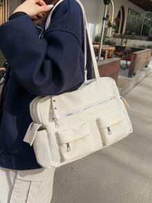 Large Capacity Multi-Pocket Tote Shoulder Bag | Cream Nylon Bag With Silver Zipper Details | Work/School/Travel | Durable Bag,Y2k - Multicolor - View 4
