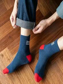 Men's Mid-Calf Warm Socks For Autumn/Winter, Heel Tab, 3-Stripe Sports Style Long Socks - Multicolor - View 10