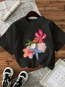 Minimalist. 100% Cotton. 1pac Women's Casual Short Sleeve Round Neck T-Shirt - Watercolor Starfish And Floral Print, Soft And Breathable, Relaxed Fit, Machine Washable, All-Season Comfort, Daily Outfit, Vibrant Pattern, Comfortable Material, Printed Top, Summer Wardrobe. Spring Summer Top - 黑色 - 查看 1