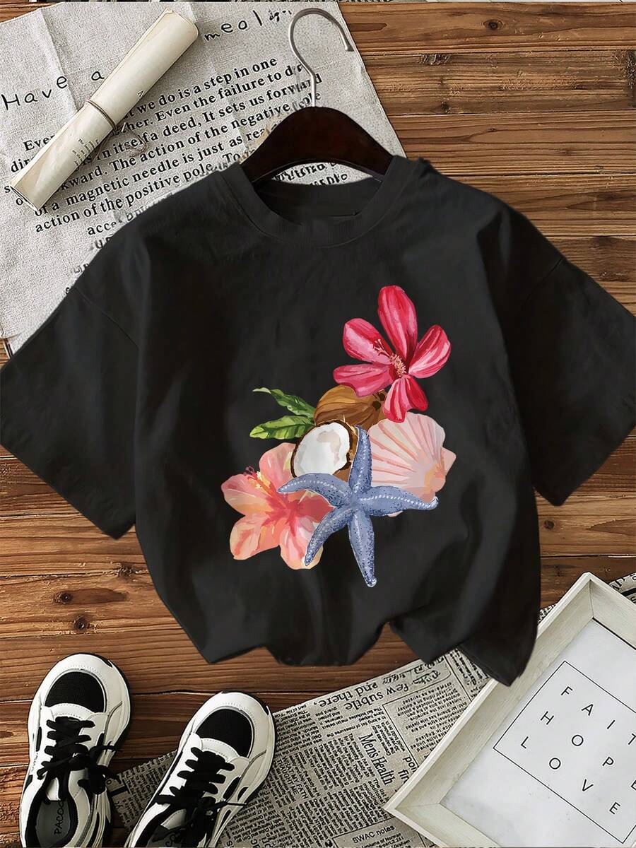 Minimalist. 100% Cotton. 1pac Women's Casual Short Sleeve Round Neck T-Shirt - Watercolor Starfish And Floral Print, Soft And Breathable, Relaxed Fit, Machine Washable, All-Season Comfort, Daily Outfit, Vibrant Pattern, Comfortable Material, Printed Top, Summer Wardrobe. Spring Summer Top - 黑色 - 查看 1