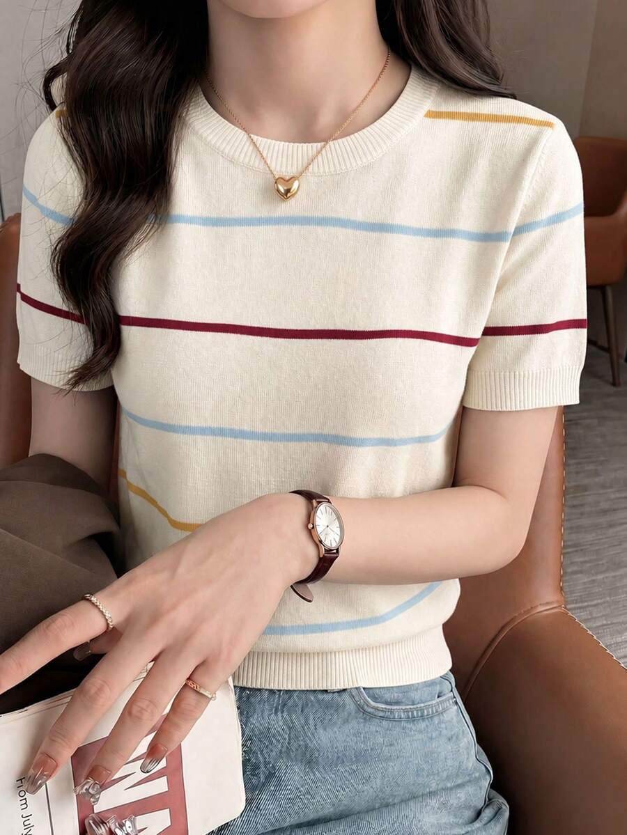2026春夏條紋圓領針織上衣,優雅休閒女款上衣,適合日常、通勤、音樂節、約會,法式女孩風 - 杏色 - 查看 1
