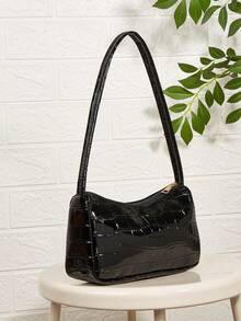 Bolso de hombro minimalista con relieve de cocodrilo brillante - Negro - Ver 4