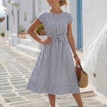 xuehuamaoyi02  Vestido largo casual de mujer con cintura ceñida y rayas, para verano - Blanco y Negro - Ver 2