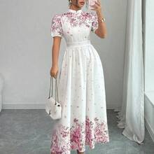 LunaCass8  Vestido de verano de mujer con estampado floral elegante, cintura ceñida y mangas abullonadas - Verde - Ver 11