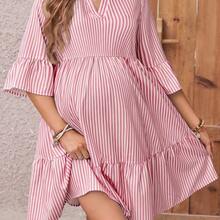 Vestido camisero de manga corta con cuello alto y rayas para maternidad - naranja - Ver 6