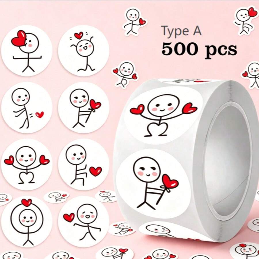 500pcs Stick Figure Label Stickers, Cartoon Cute Creative Label Round Stickers Children's Scrapbook Sealing Stickers, Suitable For Gift Packaging, Food Packaging Sealing, Laptop Decoration, Refrigerator Decoration - Multiple Styles - View 1