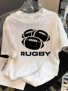 Camiseta de mujer de manga corta y cuello redondo con estampado del logo del equipo de rugby, apta para todas las estaciones. - Blanco - Ver 1