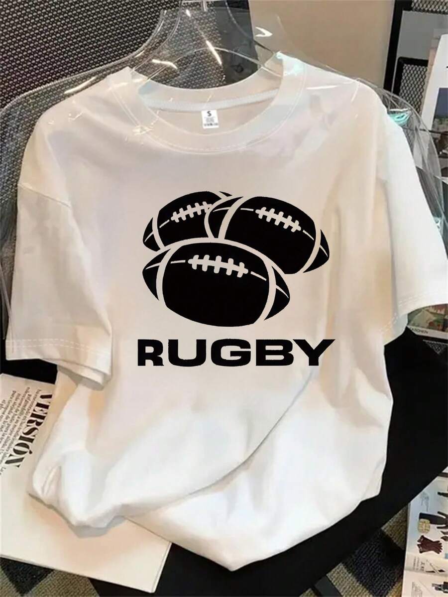 Camiseta de mujer de manga corta y cuello redondo con estampado del logo del equipo de rugby, apta para todas las estaciones. - Blanco - Ver 1