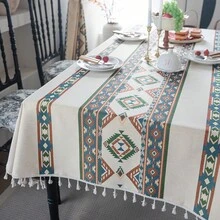 1PC Beige Geometric Retro Print Tablecloth With Tassel Edge, Rectangular Anti-Stain Dining Table Mat For Home Use - Multicolor - View 5