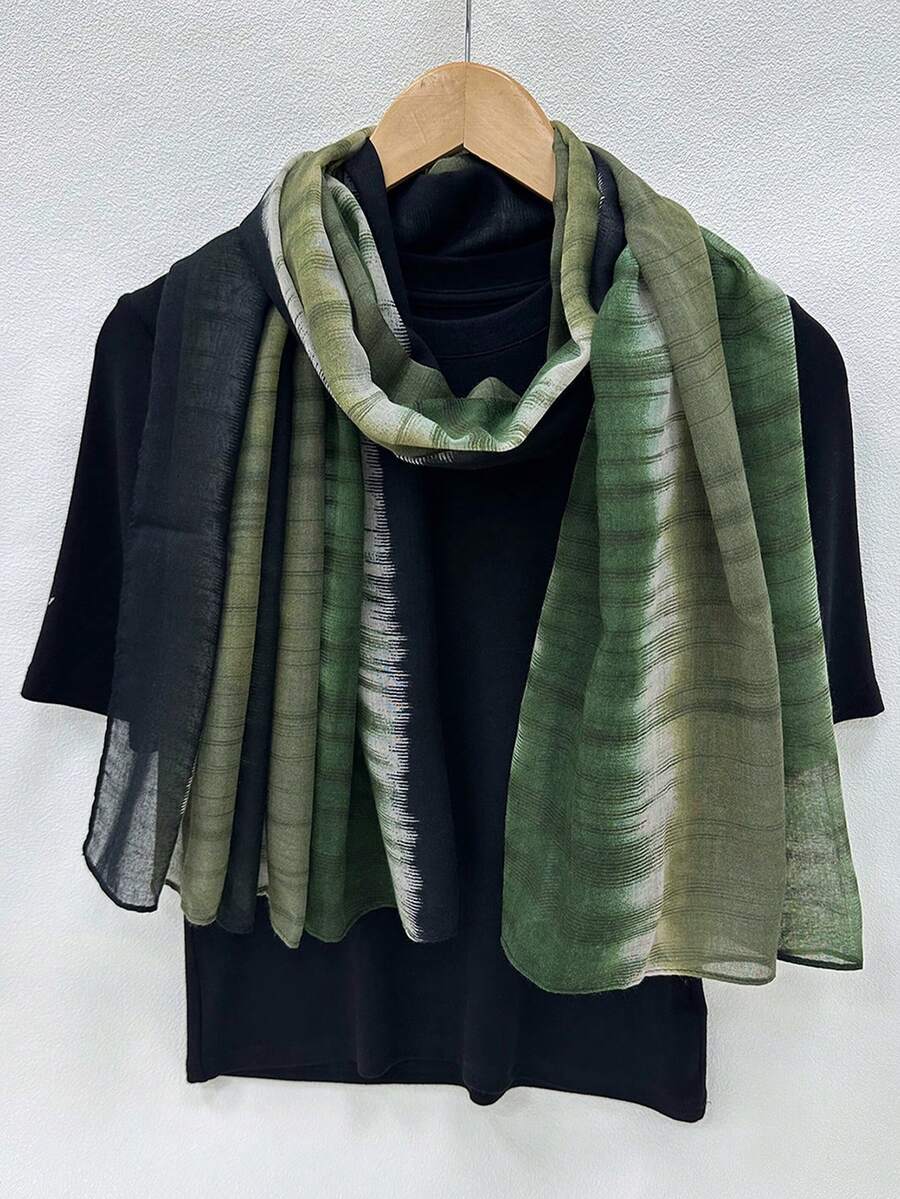 1pc Women's Printed Scarf, Lightweight All-Season Style, Contrast Color Gradient, Soft & Comfortable, Spring/Autumn Sun Protection Shawl, Head Wrap - Olive Green - View 1