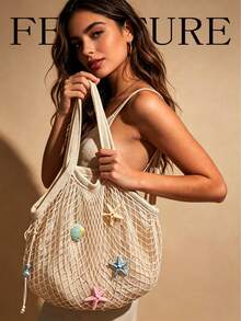 Summer Starfish & Shell Decor Mesh Tote Bag, Casual Beige Beach Shoulder Bag For Shopping & Vacation ,Holiday,Straw Bag - White - View 2