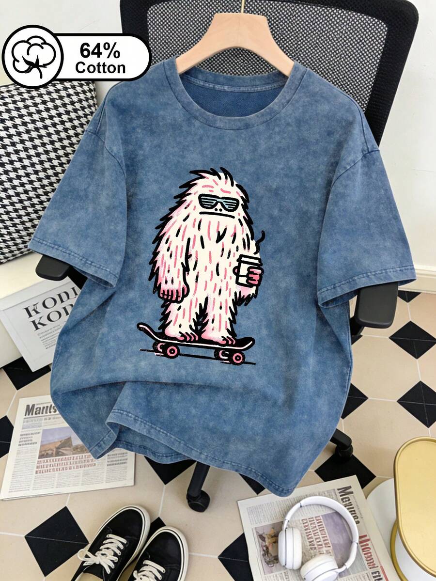 Damen Große Größen lässig Alltag, Bigfoot Skateboard Muster, Retro ausgewaschenes Kurzarm T-Shirt, American Street Style, Damen Sommer Top - Blau - Übersicht 1