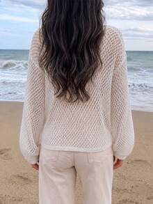 1pc Hollow Knit Loose Fit Casual Vacation Top, Suitable For Spring/Autumn Seasons, June Festival Beach - White - View 3