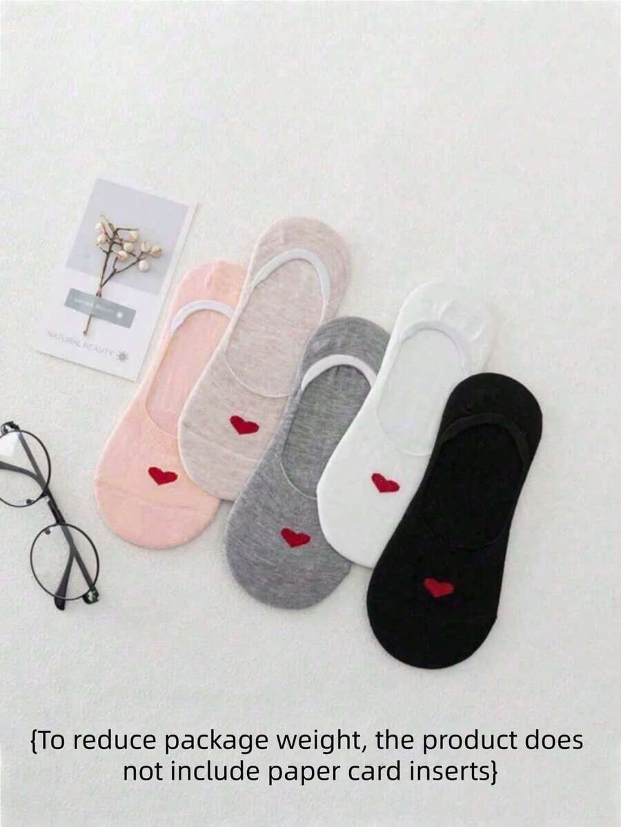 5雙隨機款女款隱形襪,愛心圖案與素色,透氣防滑矽膠底,無紙卡 - 彩色 - 查看 1