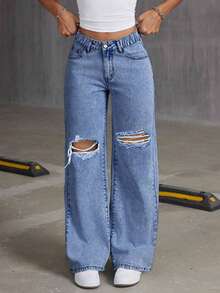 Celana Jeans Biru Muda Sobek Bergaya Remaja Putri, Busana Avant-Garde yang Istimewa untuk Semua Musim, Jeans Esensial Gaya Preppy yang Manis - Medium Wash - View 2