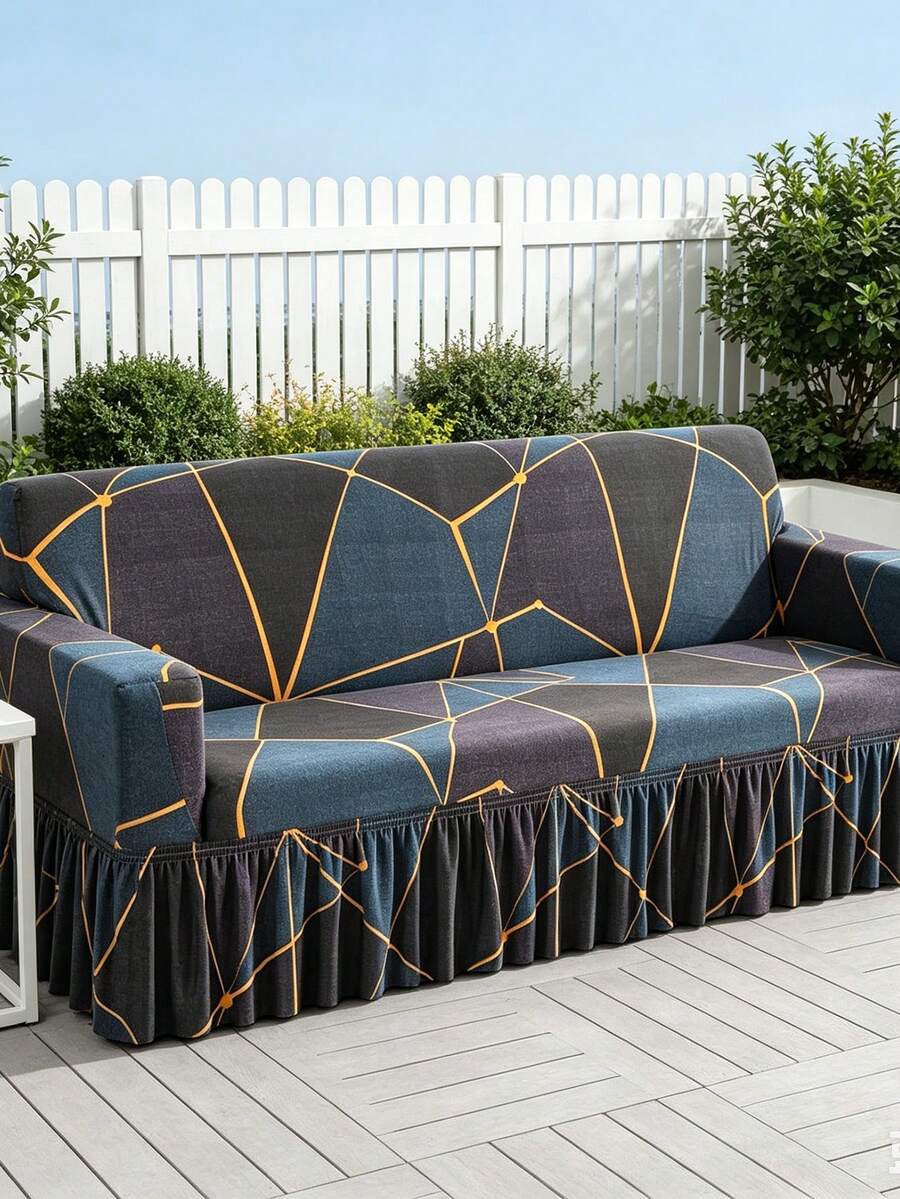 1pc Printed Hem Style Full Coverage Elastic Sofa Cover, Dust-Proof & Stain-Resistant, One-Piece Stretch Sofa Protector, Living Room Home Decor, Machine Washable - Navy Blue - View 1