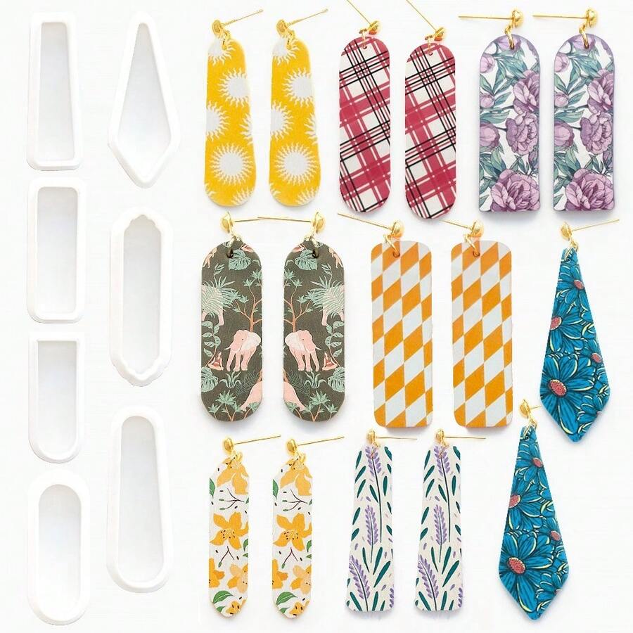 Basic Geometric Shape Jewelry Making Kits, Long Oval, Long Raindrop Polymer Clay Cutters For Earrings Crafting, Diamond, Rounded Hexagon, Tall Ladder-Shaped Clay Molds For Pendant & Necklace Making - White - View 1