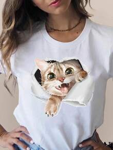 Camiseta estampada de moda 3D con diseño de gato, encantadora y a la moda, ropa linda para mujer, camisetas de manga corta de verano, camisetas gráficas para damas -llilys-llilys LSNR - Blanco - Ver 8