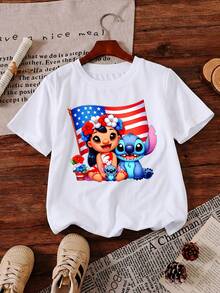 Disney Lilo & Stitch Patriotic Fun Printed Pattern T-Shirts For Girls Children's Casual Cute Style T-Shirt, Soft And Comfortable, As A Graduation Season Gift - 白色 - 查看 2
