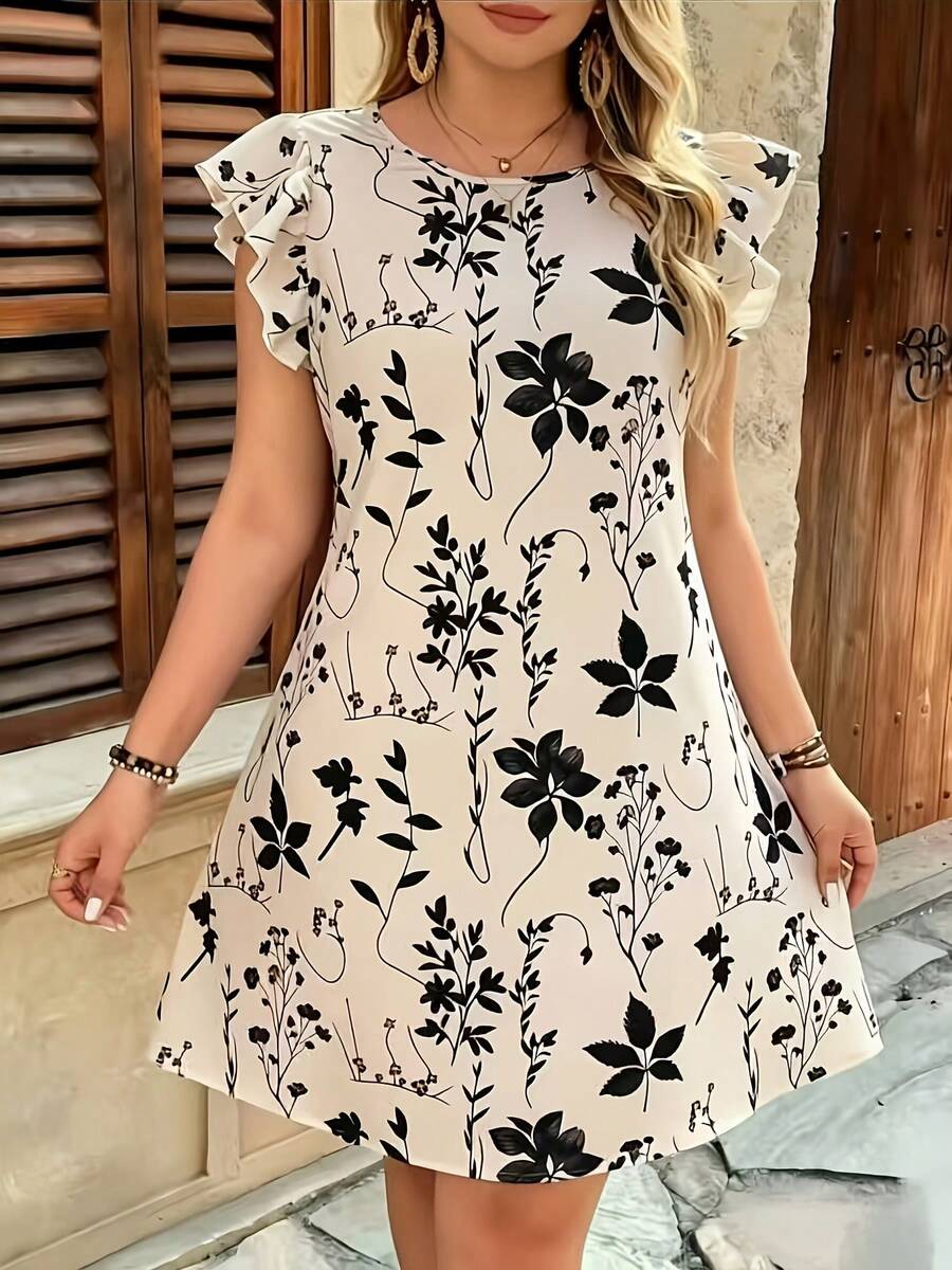 Wine Red Summer Dress With Floral Print And Ruffled Hem, Loose Fit And Festive Style With Ruffled Sleeves And Flare - 黑色 - 查看 1