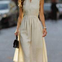 LunaCass8  Vestido de longitud media sin mangas elegante, estilo minimalista para atuendo de vacaciones de verano, vestido con cuello gris-beige, nuevo vestido sin mangas de unicolor para primavera/verano para mujeres - Albaricoque - Ver 2