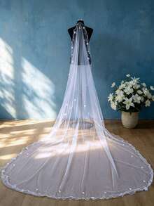3m Long Wedding Veils 1 Tier Bridal Veils With Lettuce Trim No Comb Soft Tulle Accessories With Pearls Flower - Multicolor - View 9