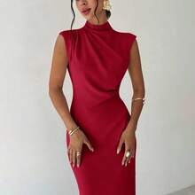 dahkjdgajy  Vestido largo de verano elegante y minimalista para uso diario, viajes y ocasiones casuales, con cuello mao, mangas drapeadas y cintura ceñida, color albaricoque - Verde militar - Ver 7
