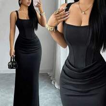 Nuevo vestido de verano sexy, vestido negro, vestido de sirena con cuello cuadrado francés, adorno de falso hueso, diseño de drapeado en la cintura, vestido de cola de pez, vestido para invitada de boda, adecuado para vacaciones, citas, fiestas, San Valentín, bodas AG - Azul marino - Ver 2