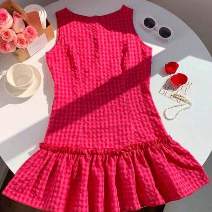 Nana's Women's Clothing Store Vestido casual y elegante con textura de crepé, volantes en el bajo y sin mangas, a cuadros, ideal para el Día de San Valentín - Multicolor - Ver 1