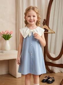 Contrast Color Collar Sleeveless Dress For Girls, Sweet & Cute Style, Suitable For Summer Wear - Blue - View 2
