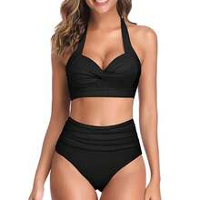 Bikini de cintura alta con estampado, tirantes al cuello y lazos, para mujer; bañador de dos piezas que estiliza la figura - pantalones negros y verdes - Ver 10